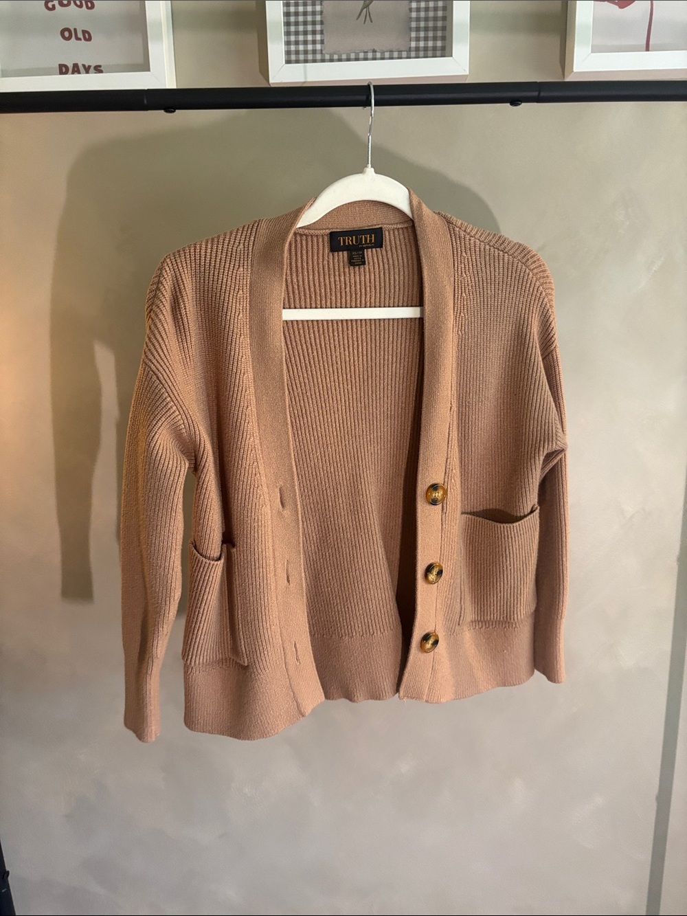Truth Ribbed Button-Front Cardigan in Camel Tan
